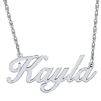 Polished script name plate necklace in sterling silver.