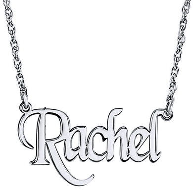 Polished fancy name plate necklace in sterling silver.