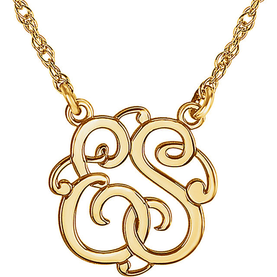 Monogram two letter script initial personalized 15mm pendant necklace in 14K yellow gold.