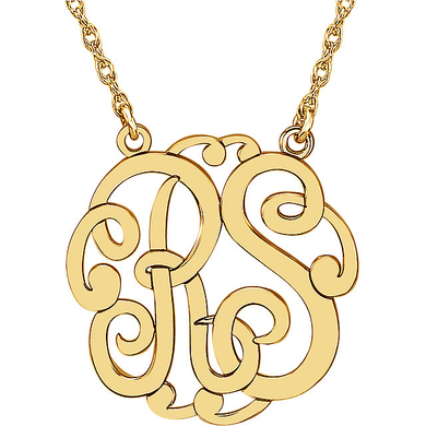 Monogram two letter script initial personalized pendant 25mm necklace in 14K yellow gold.