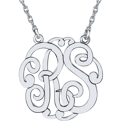 Monogram two letter script initial personalized pendant 25mm necklace in sterling silver.