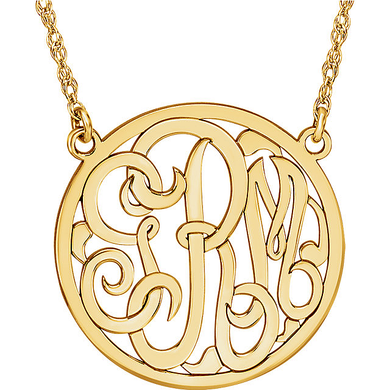 Monogram round circle three letter script initial personalized 15mm pendant necklace in 14K yellow gold.