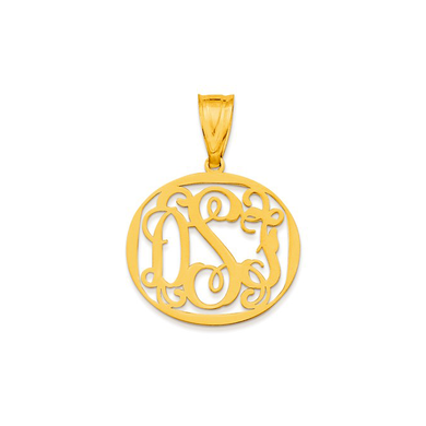 Circular shaped cut out monogram pendant in 14K yellow gold.