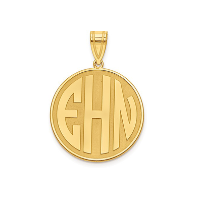 Solid circle monogram block letter pendant in 14K yellow gold.