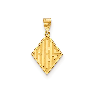 Diamond shape recessed monogram block letter pendant in 14K yellow gold.