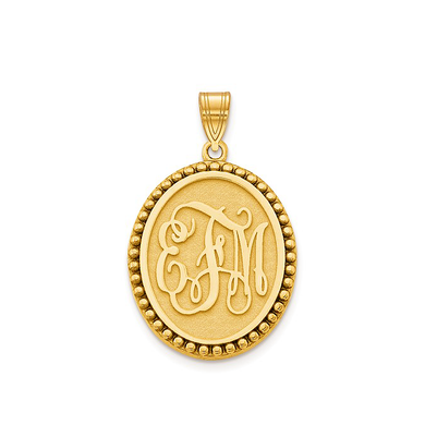 Oval shaped beaded halo disc monogram pendant in 14k yellow gold.