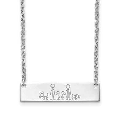 Family member stick figure bar necklace in sterling silver.