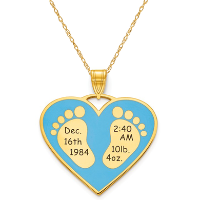 Heart shaped baby feet date time weight pendant in 14k yellow gold large version.