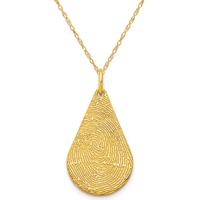 Biometric fingerprint tear drop shaped pendant in 14k yellow gold.