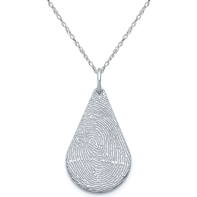 Biometric fingerprint tear drop shaped pendant in sterling silver.