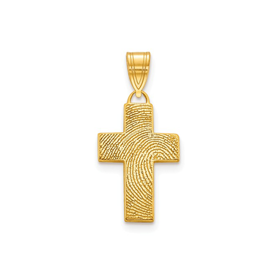 Biometric fingerprint cross pendant in 14k yellow gold.