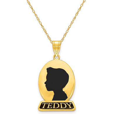 Enamel silhouette oval name pendant in 14k yellow gold.