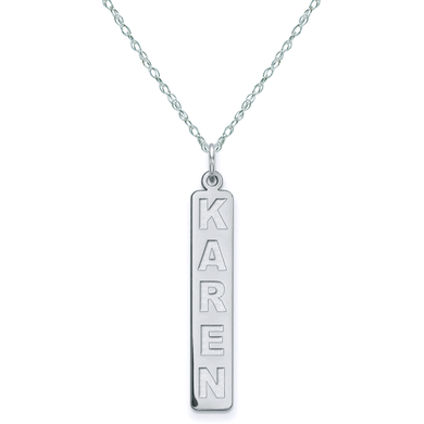 Vertical satin finish nameplate bar pendant in sterling silver.