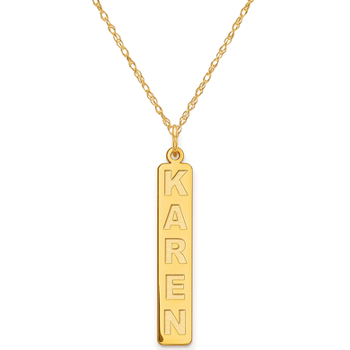 Vertical satin finish nameplate bar pendant in 14k yellow gold.