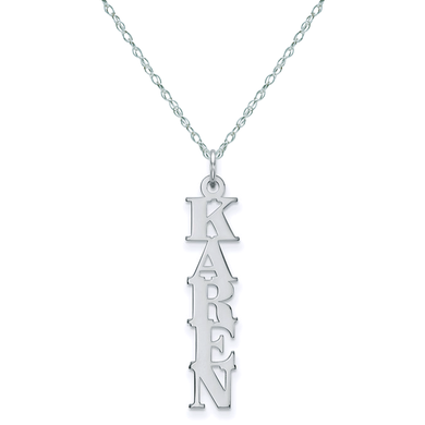 Vertical polished nameplate retro pendant in sterling silver.