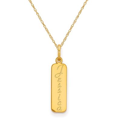 Vertical script nameplate bar pendant in 14k yellow gold.