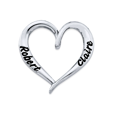 Heart slide two name script pendant in sterling silver.