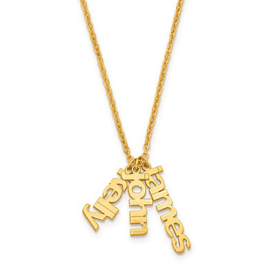 Satin vertical name charm in 14k yellow gold.