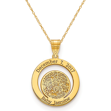 Biometric baby fingerprint birthdate name pendant in 14k yellow gold.