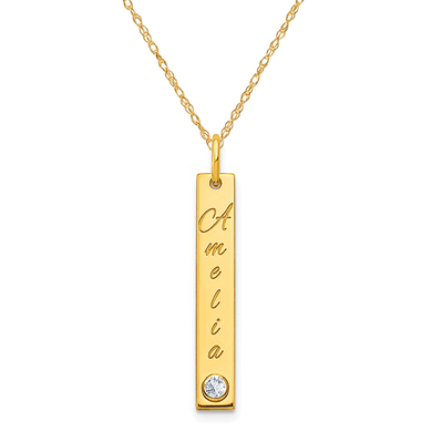 Vertical diamond nameplate bar pendant in 14k yellow gold.