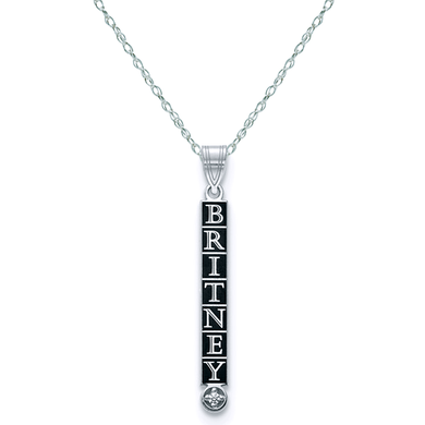 Vertical enamel name bar pendant with diamond in sterling silver.
