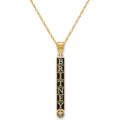 Vertical enamel name bar pendant with diamond in 14k yellow gold.