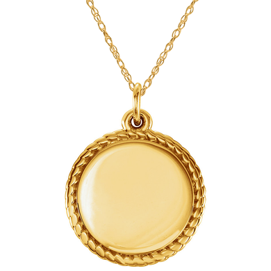 Round rope style halo initial pendant in 14k yellow gold.