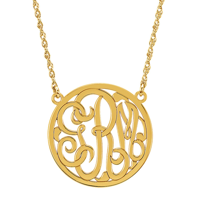 Monogram script initial round bordered necklace 25mm in 14k yellow gold.