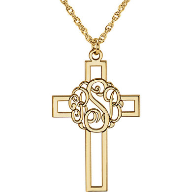 Monogram script cross necklace in 14k yellow gold.