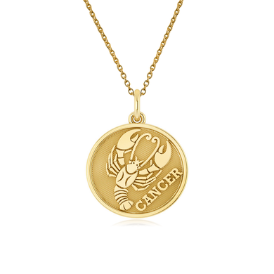 Cancer Zodiac Sign Disc Pendant in 14k yellow gold with chain.