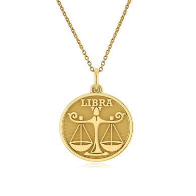 Libra Zodiac Sign Disc Pendant in 14k yellow gold with chain.