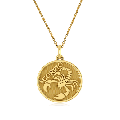 Scorpio Zodiac Sign Disc Pendant in 14k yellow gold with chain.