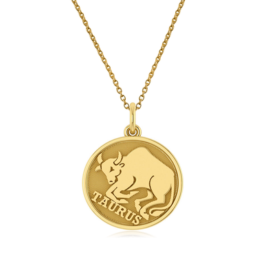 Taurus Zodiac Sign Disc Pendant in 14k yellow gold with chain.