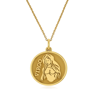 Virgo Zodiac Sign Disc Pendant in 14k yellow gold with chain.