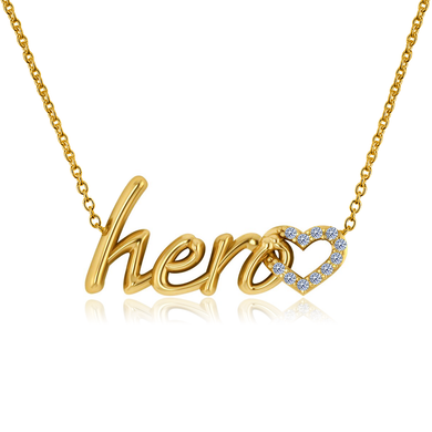 Hero and diamond heart name plate necklace in 14k yellow gold.