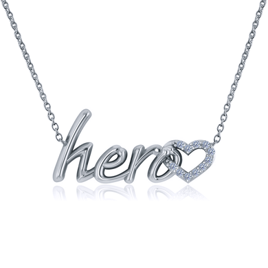 Hero and diamond heart name plate necklace in 14k white gold.