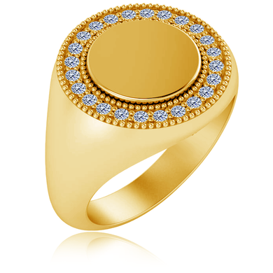 Mens round milgrain diamond halo signet ring in 14k yellow gold.