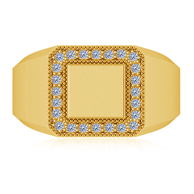 Mens square milgrain diamond halo signet ring in 14k yellow gold.