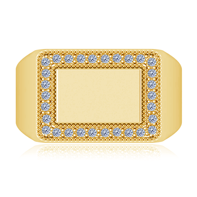 Mens rectangular milgrain diamond halo signet ring in 14k yellow gold.