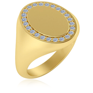 Mens Oval Diamond Halo Signet Ring in 14k yellow gold.