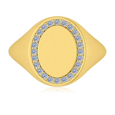 Mens Oval Diamond Halo Signet Ring in 14k yellow gold.