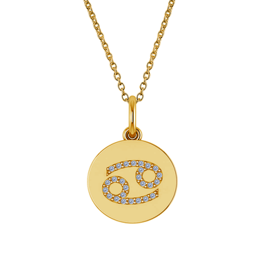 Cancer Diamond Zodiac Sign Disc Pendant in 14k yellow gold.