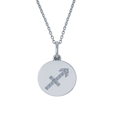 Sagittarius Diamond Zodiac Sign Disc Pendant i n 14k white gold.