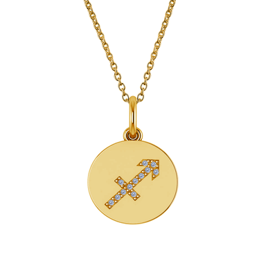 Sagittarius Diamond Zodiac Sign Disc Pendant in 14k yellow gold.