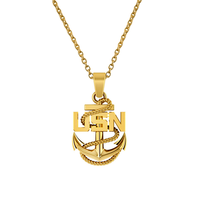 USN United States Navy Anchor Pendant in 14k yellow gold with chain.