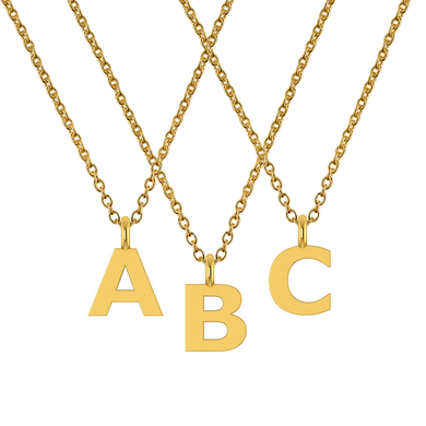 Capital Letter Initial Pendant in 14k yellow gold with chains.