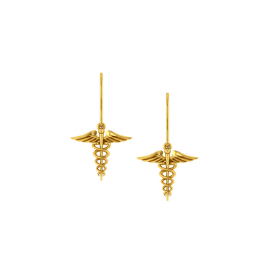 Caduceus Medical Symbol French Wire Drop Earrings in 14k yellow gold front view.