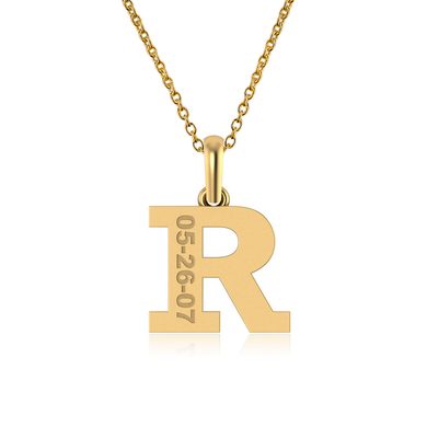 Personalized Capital Letter Initial and Date Pendant in 14k yellow gold with chain.