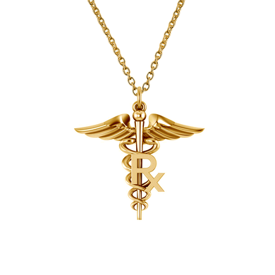 Caduceus RX Pharmacist Medical Pendant in 14k yellow gold with chain.