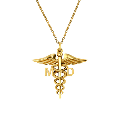 Caduceus MD Medical Doctor Symbol Pendant in 14k yellow gold with chain.